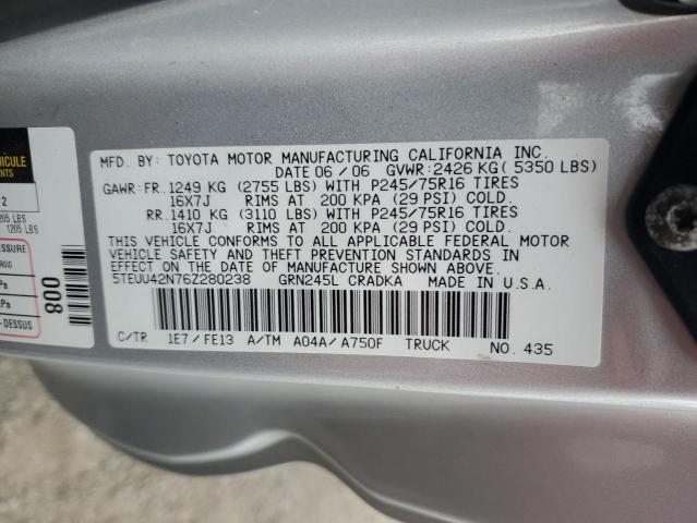 5TEUU42N76Z280238 - 2006 TOYOTA TACOMA ACCESS CAB SILVER photo 12