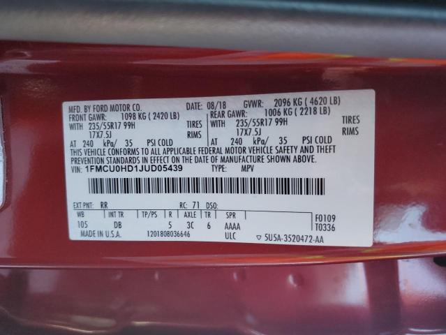 1FMCU0HD1JUD05439 - 2018 FORD ESCAPE SEL RED photo 13