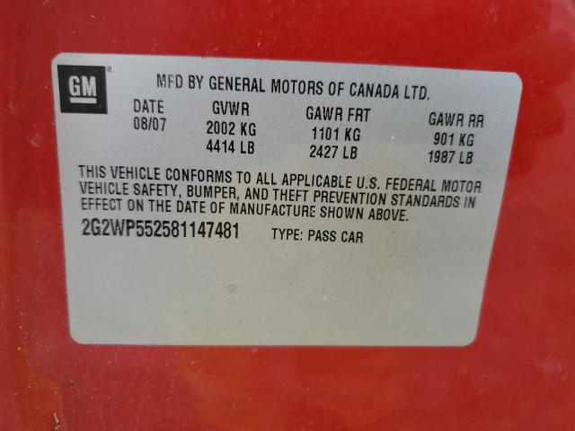 2G2WP552581147481 - 2008 PONTIAC GRAND PRIX 红色 照片 12