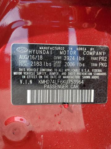 KMHD74LF6KU753964 - 2019 HYUNDAI ELANTRA SE RED photo 12