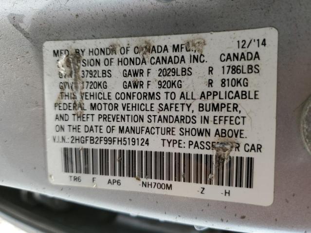 2HGFB2F99FH519124 - 2015 HONDA CIVIC EXL ვერცხლისფერი ფოტო 12