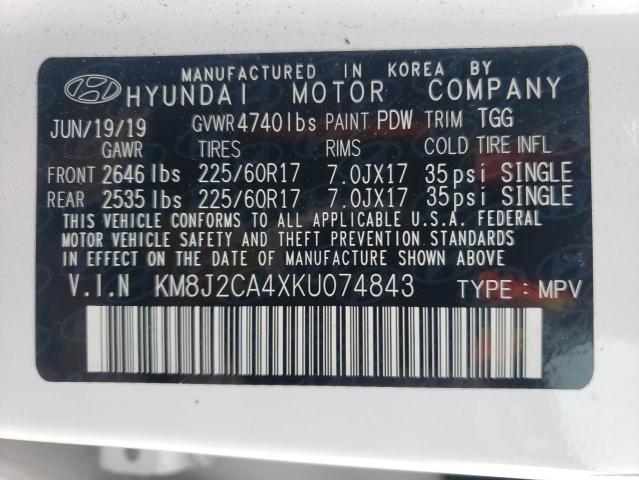 KM8J2CA4XKU074843 - 2019 HYUNDAI TUCSON SE WHITE photo 12