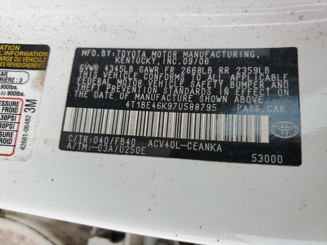 4T1BE46K97U588795 - 2007 TOYOTA CAMRY CE WHITE photo 12