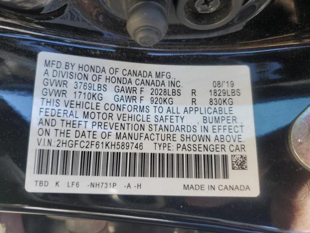 2HGFC2F61KH589746 - 2019 HONDA CIVIC LX BLACK photo 12