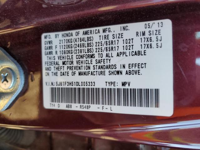 5J6TF3H51DL005333 - 2013 HONDA CROSSTOUR EXL ბურგუნდია ფოტო 12