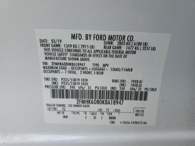 2FMHK6D80KBA18947 - 2019 FORD FLEX LIMITED WHITE photo 12