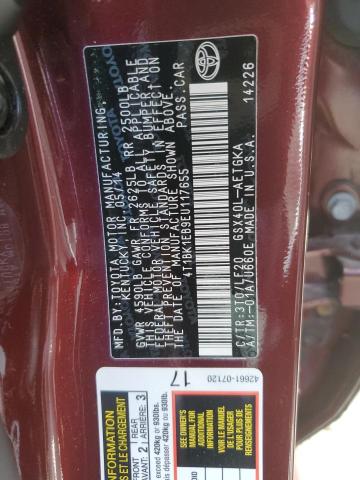 4T1BK1EB9EU117655 - 2014 TOYOTA AVALON BASE MAROON photo 12