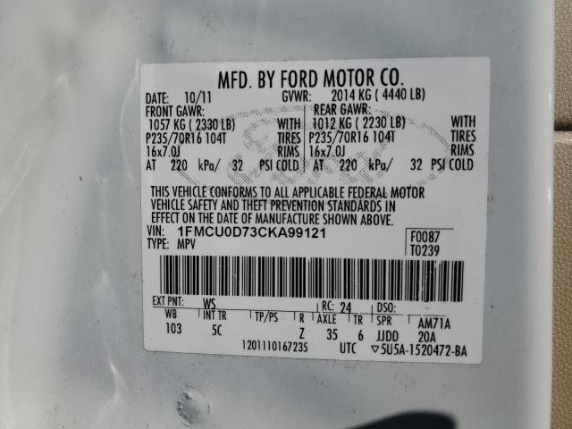 1FMCU0D73CKA99121 - 2012 FORD ESCAPE XLT WHITE photo 12