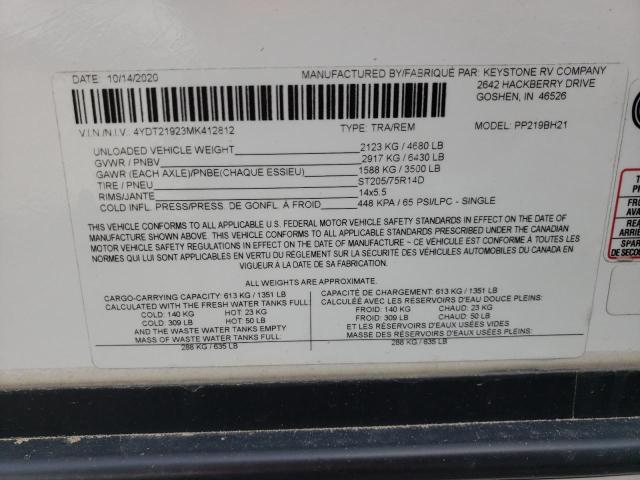 4YDT21923MK412812 - 2021 KEYSTONE PASSPORT WHITE photo 10