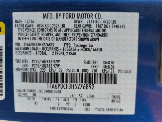 1FA6P8CF3H5276892 - 2017 FORD MUSTANG GT BLUE photo 12