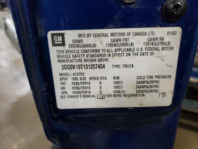 2GCEK19T131257454 - 2003 CHEVROLET 1500 K1500 BLUE photo 12