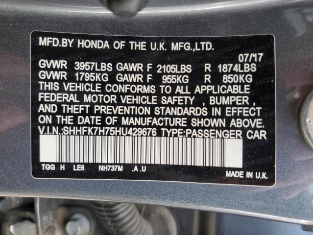SHHFK7H75HU429676 - 2017 HONDA CIVIC EXL 灰色 照片 12