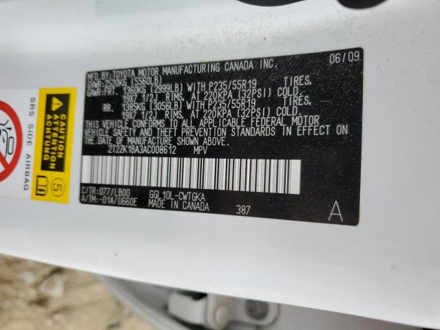 2T2ZK1BA3AC008612 - 2010 LEXUS RX 350 WHITE photo 13