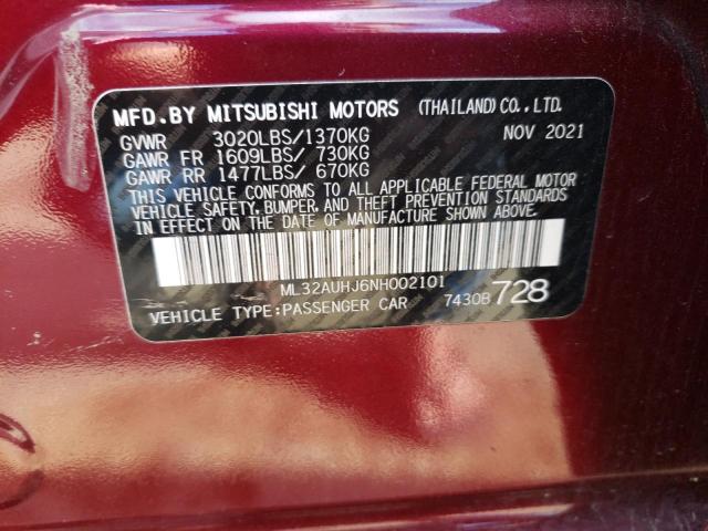 ML32AUHJ6NH002101 - 2022 MITSUBISHI MIRAGE ES MAROON photo 12