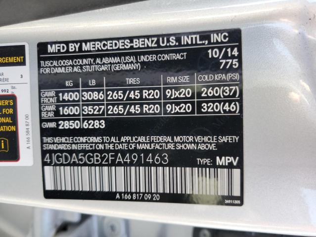 4JGDA5GB2FA491463 - 2015 MERCEDES-BENZ ML 400 4MATIC SILVER photo 13