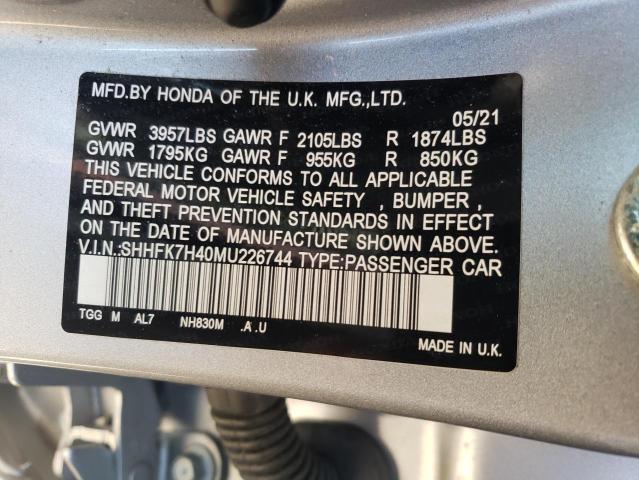 SHHFK7H40MU226744 - 2021 HONDA CIVIC SPORT 银色 照片 12