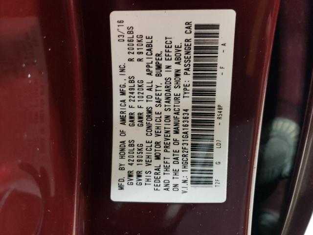 1HGCR2F31GA163634 - 2016 HONDA ACCORD LX MAROON photo 12