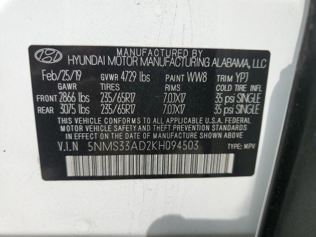 5NMS33AD2KH094503 - 2019 HYUNDAI SANTA FE SEL WHITE photo 12