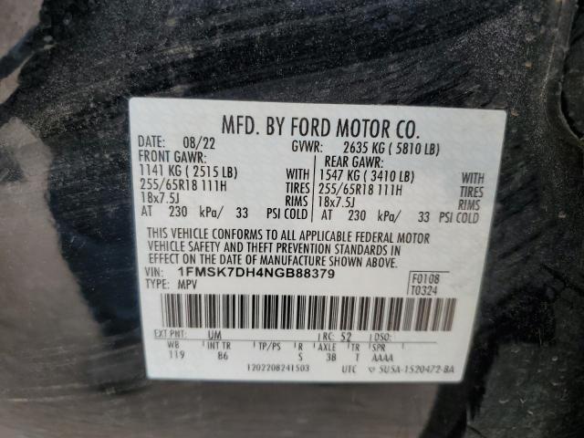 1FMSK7DH4NGB88379 - 2022 FORD EXPLORER XLT BLACK photo 13