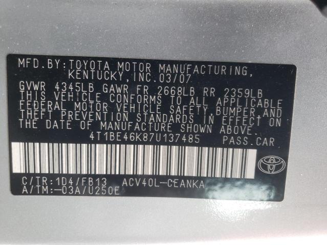 4T1BE46K87U137485 - 2007 TOYOTA CAMRY CE SILVER photo 12