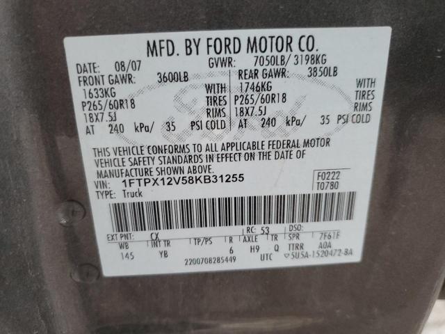 1FTPX12V58KB31255 - 2008 FORD F150 GRAY photo 12