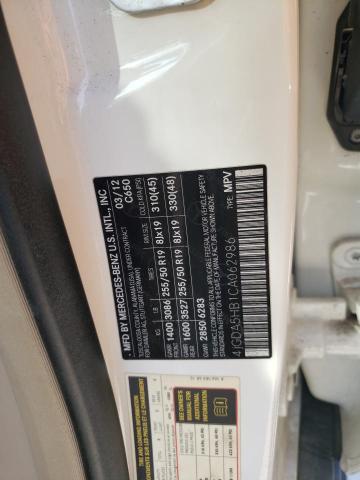 4JGDA5HB1CA062986 - 2012 MERCEDES-BENZ ML 350 4MATIC WHITE photo 13