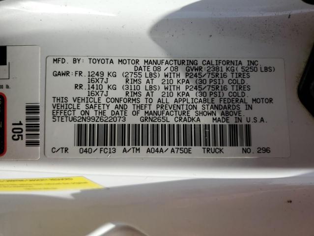 5TETU62N99Z622073 - 2009 TOYOTA TACOMA PRERUNNER ACCESS CAB WHITE photo 12