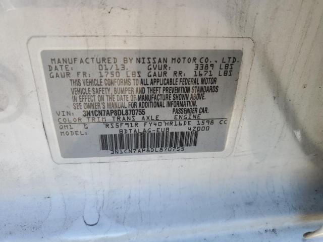 3N1CN7AP8DL870755 - 2013 NISSAN VERSA S WHITE photo 12