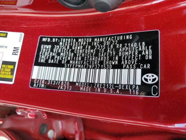 5YFEPMAE7NP371530 - 2022 TOYOTA COROLLA LE RED photo 12