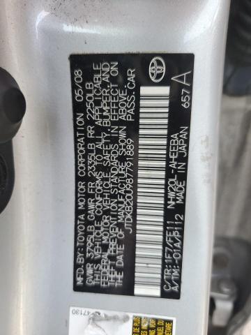 JTDKB20U987791889 - 2008 TOYOTA PRIUS SILVER photo 12