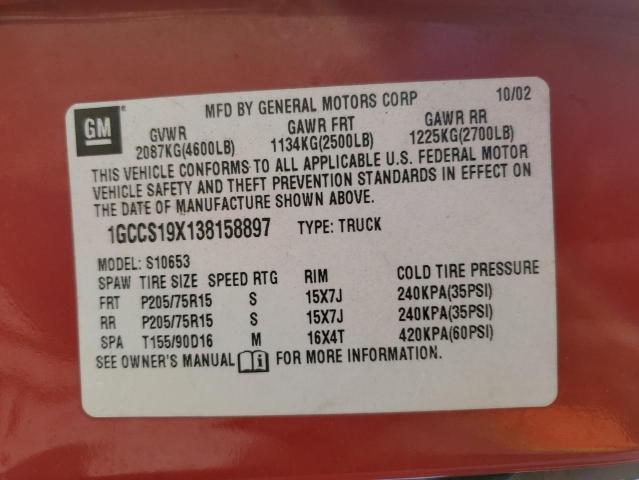 1GCCS19X138158897 - 2003 CHEVROLET S TRUCK S10 RED photo 12