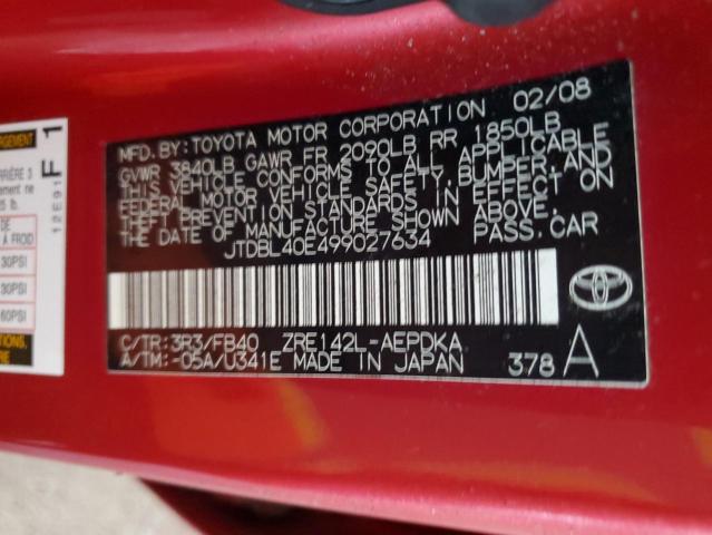 JTDBL40E499027634 - 2009 TOYOTA COROLLA BASE RED photo 12