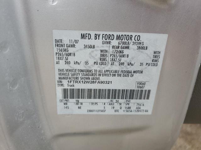 1FTRX12W28FA90321 - 2008 FORD F150 SILVER photo 12