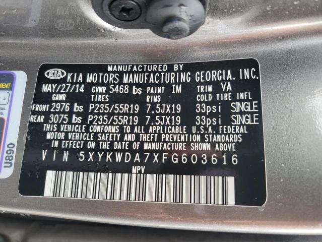 5XYKWDA7XFG603616 - 2015 KIA SORENTO SX SILVER photo 13