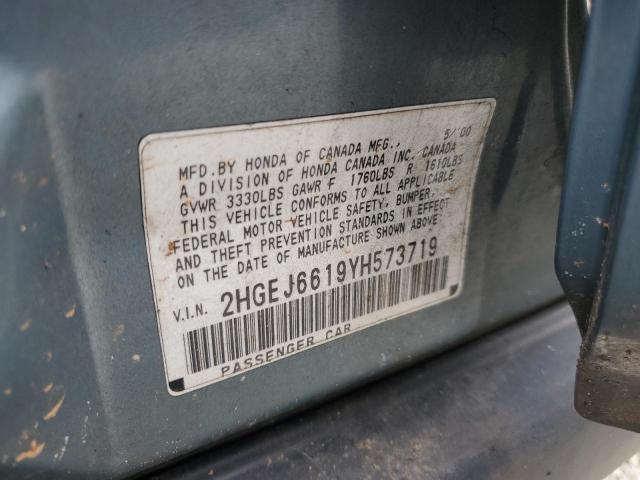 2HGEJ6619YH573719 - 2000 HONDA CIVIC BASE BLUE photo 12