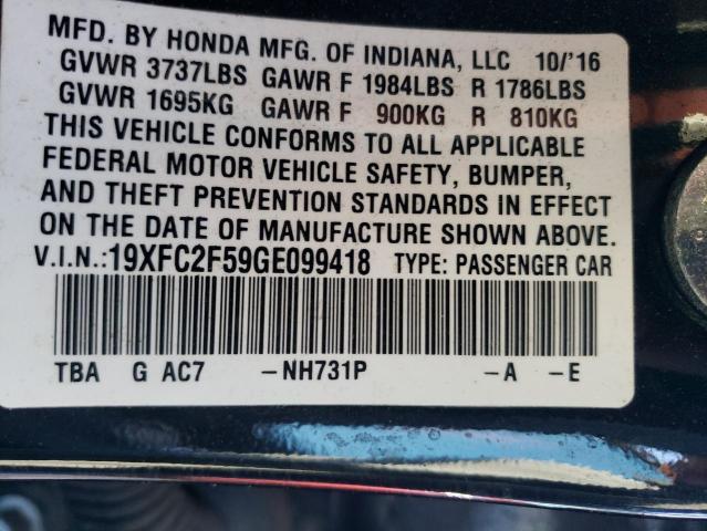 19XFC2F59GE099418 - 2016 HONDA CIVIC LX BLACK photo 12