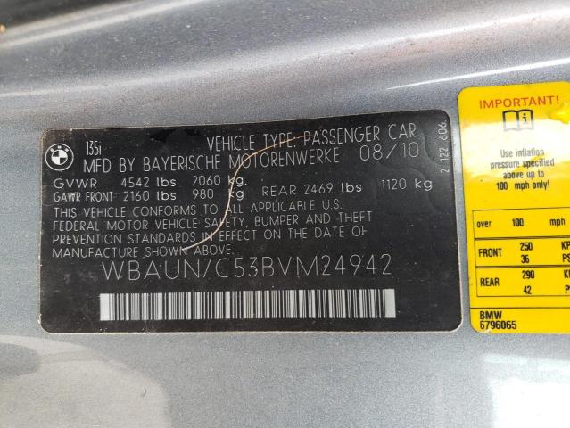 WBAUN7C53BVM24942 - 2011 BMW 135 I GRAY photo 12