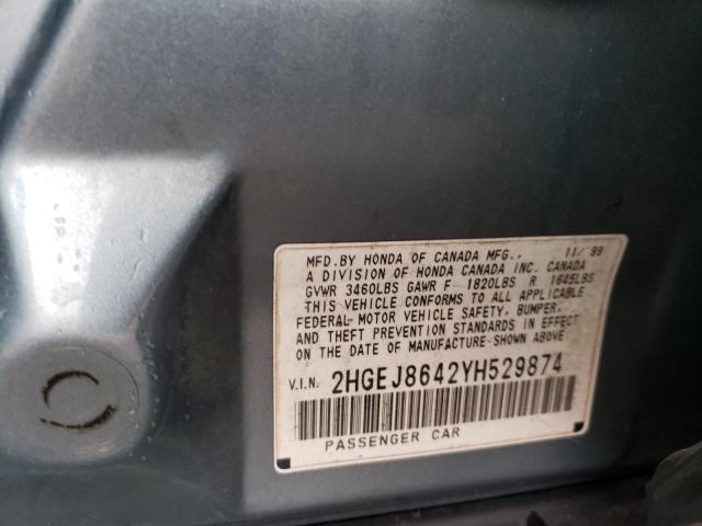 2HGEJ8642YH529874 - 2000 HONDA CIVIC EX TEAL photo 12