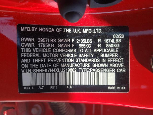 SHHFK7H4XLU219802 - 2020 HONDA CIVIC SPORT 红色 照片 12