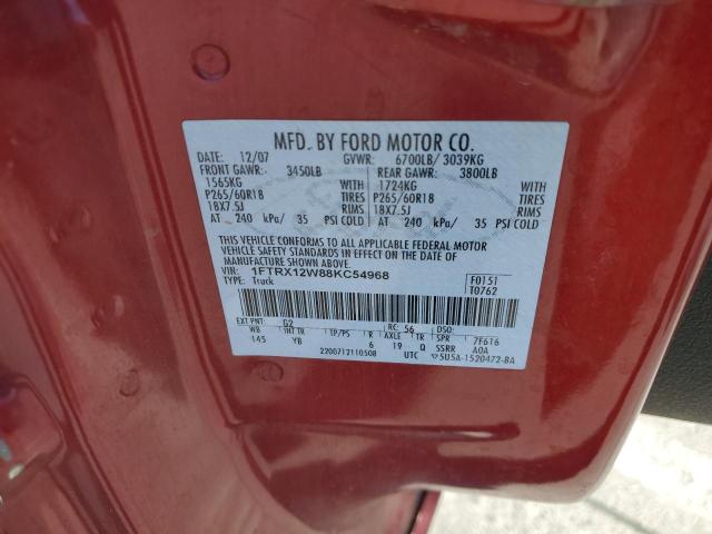 1FTRX12W88KC54968 - 2008 FORD F150 RED photo 12