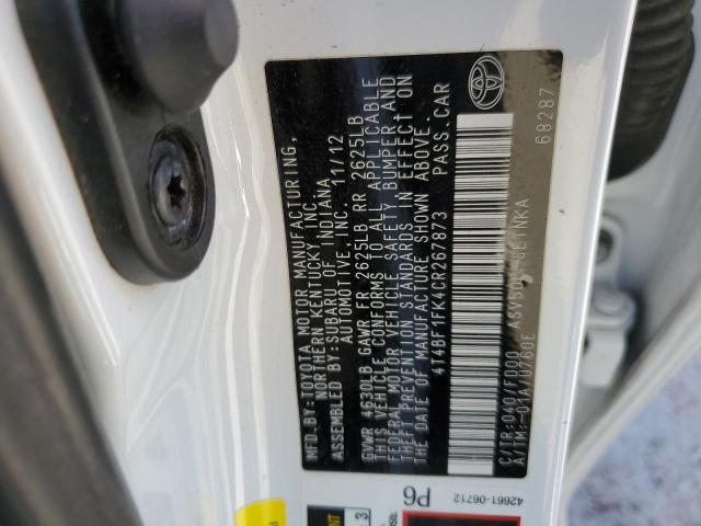 4T4BF1FK4CR267873 - 2012 TOYOTA CAMRY BASE თეთრი ფოტო 12