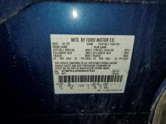 2FMPK4J94NBA27524 - 2022 FORD EDGE SEL BLUE photo 12