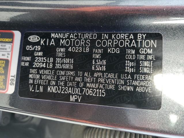 KNDJ23AUXL7062115 - 2020 KIA SOUL LX GRAY photo 12