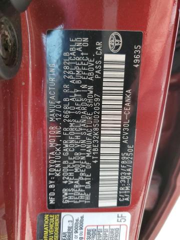 4T1BE32K85U020597 - 2005 TOYOTA CAMRY LE RED photo 12