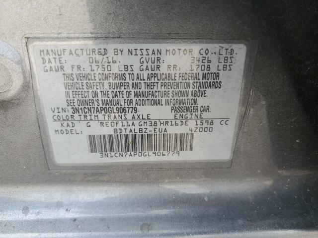 3N1CN7AP0GL906779 - 2016 NISSAN VERSA S GRAY photo 12