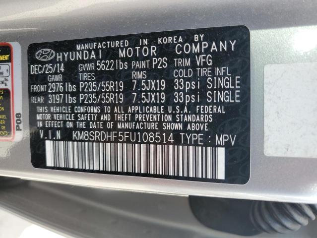 KM8SRDHF5FU108514 - 2015 HYUNDAI SANTA FE GLS SILVER photo 14