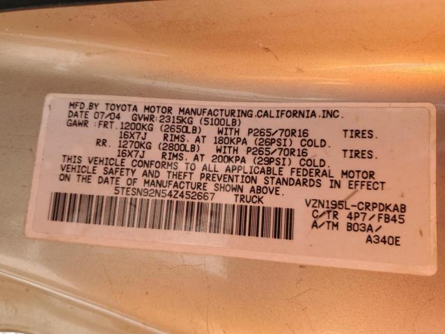 5TESN92N54Z452667 - 2004 TOYOTA TACOMA XTRACAB PRERUNNER ბეჟი ფოტო 12