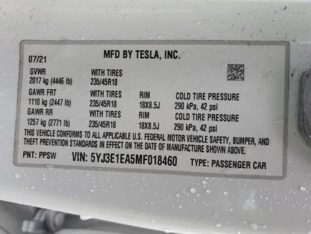 5YJ3E1EA5MF018460 - 2021 TESLA MODEL 3 WHITE photo 12