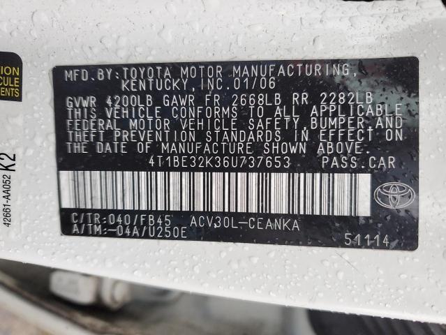 4T1BE32K36U737653 - 2006 TOYOTA CAMRY LE WHITE photo 12