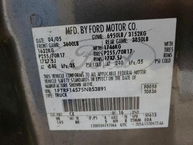 1FTRF14575NB53891 - 2005 FORD F150 GRAY photo 12